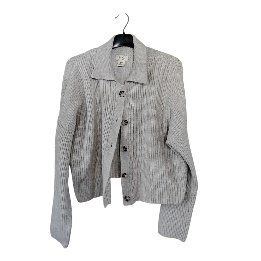 Jessica Simpson Womens Grey Ribbed Knit Button Front Collared Cardigan XL